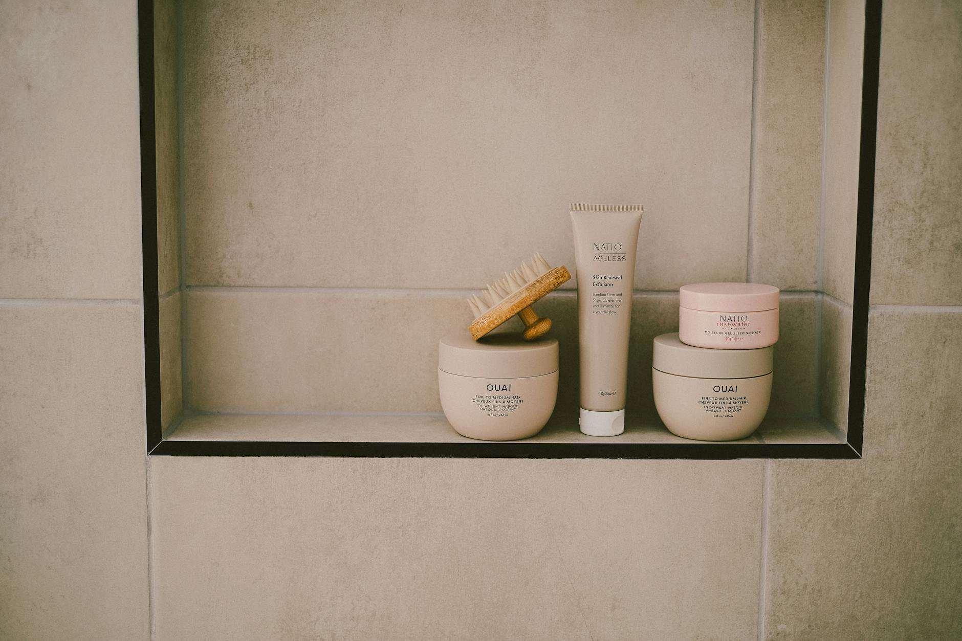 chemical exfoliant body product bottle bathroom shelf