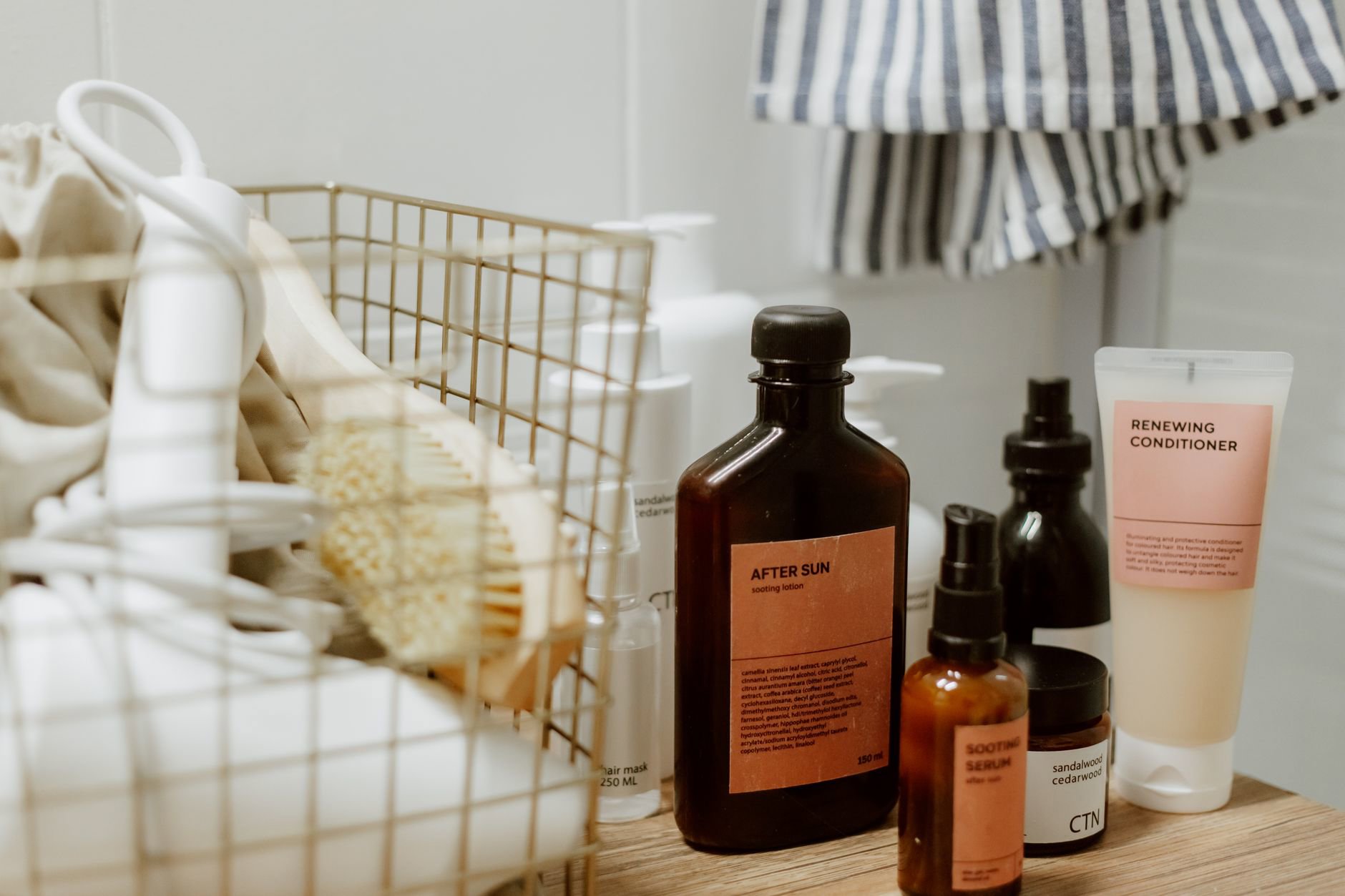leave-in conditioner bottle on bathroom counter