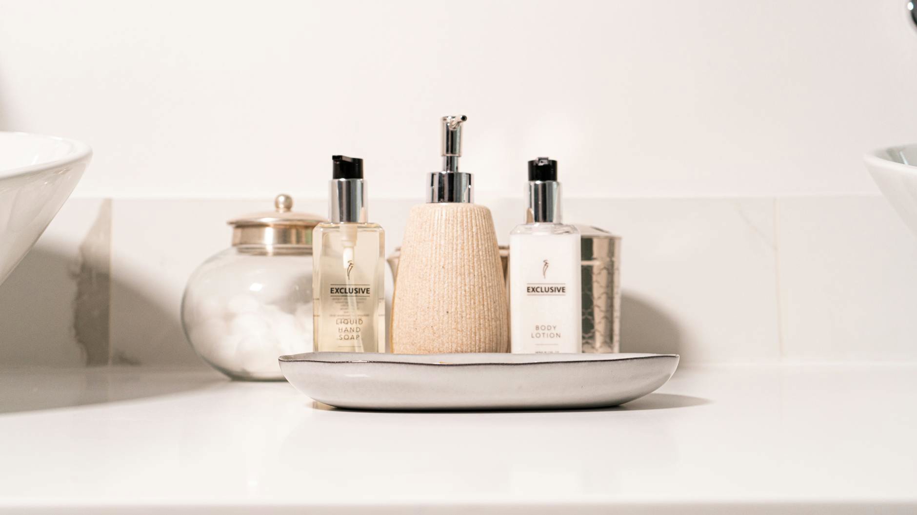 clean skincare bottles on bathroom counter australia sunlight