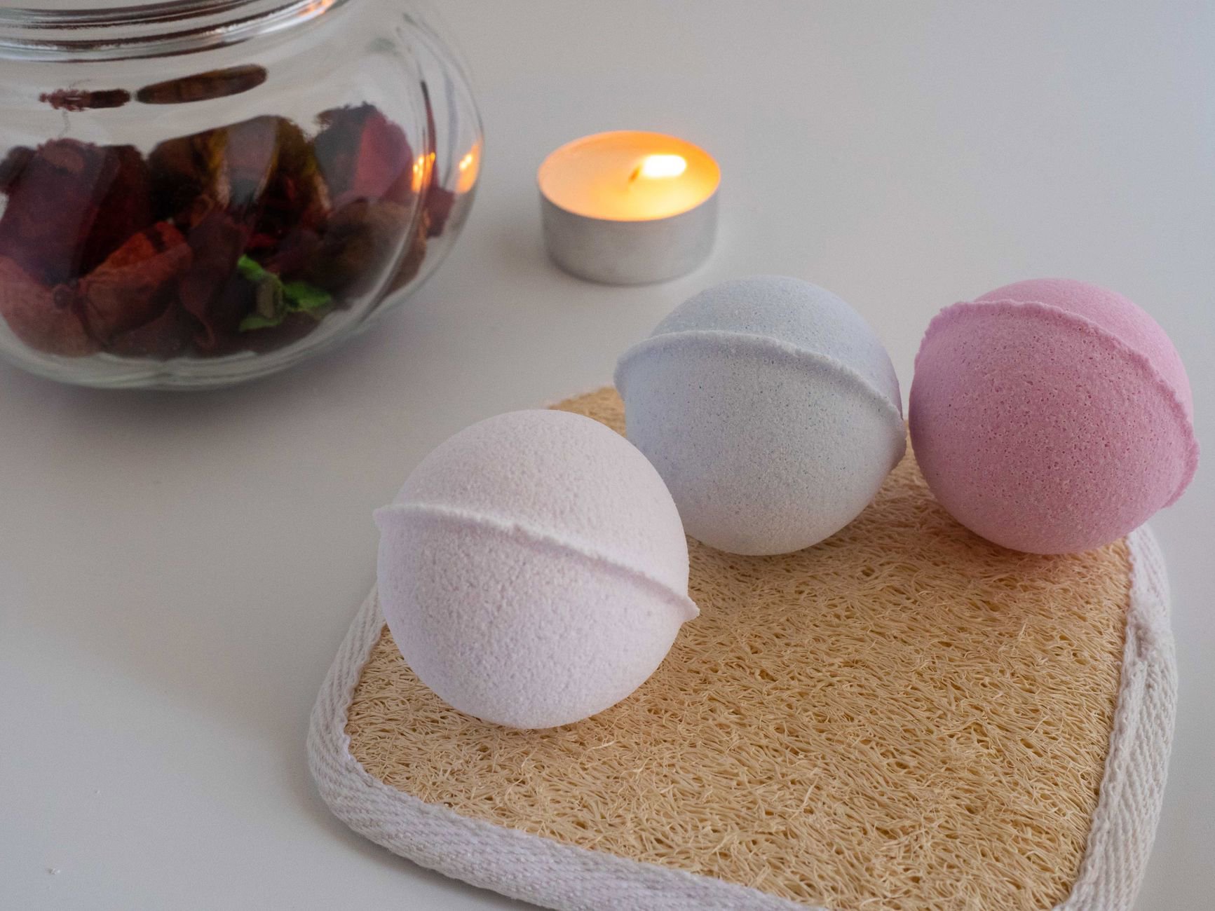 bath pampering gift set on bathroom counter