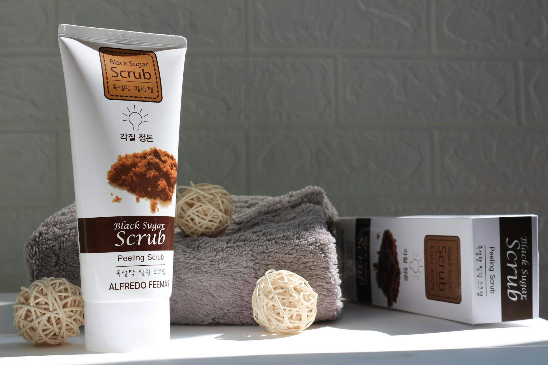 skincare gift set flatlay bathroom counter