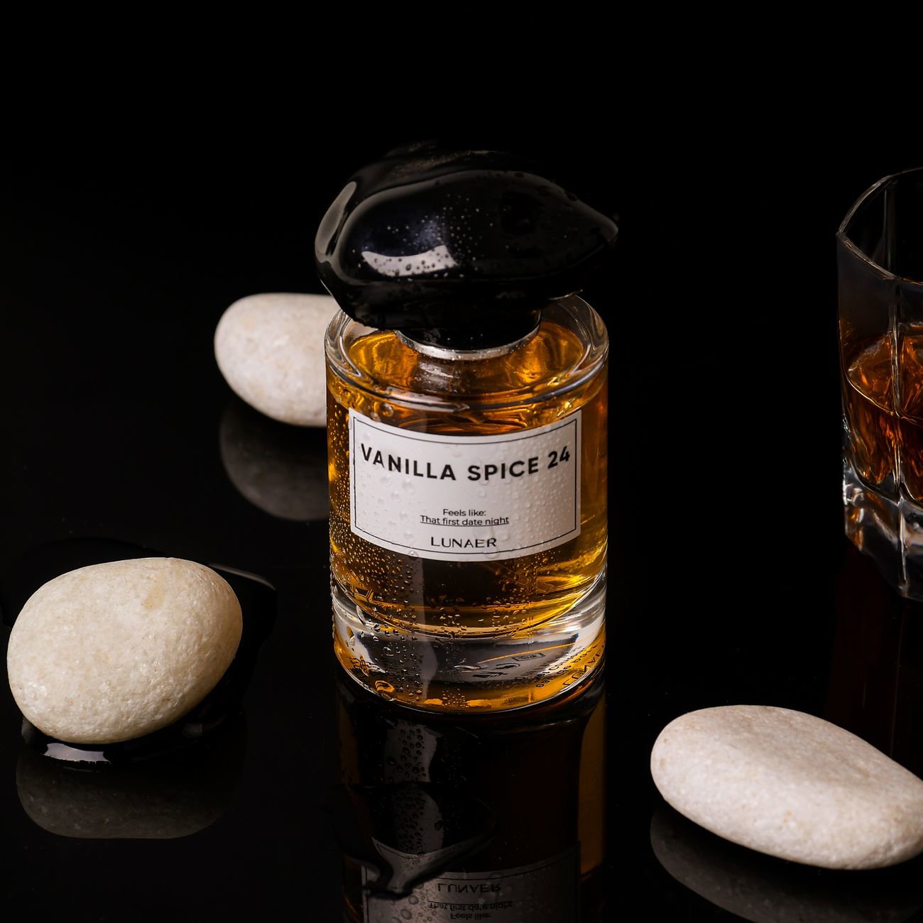 perfume bottle gourmand notes vanilla cinnamon on vanity