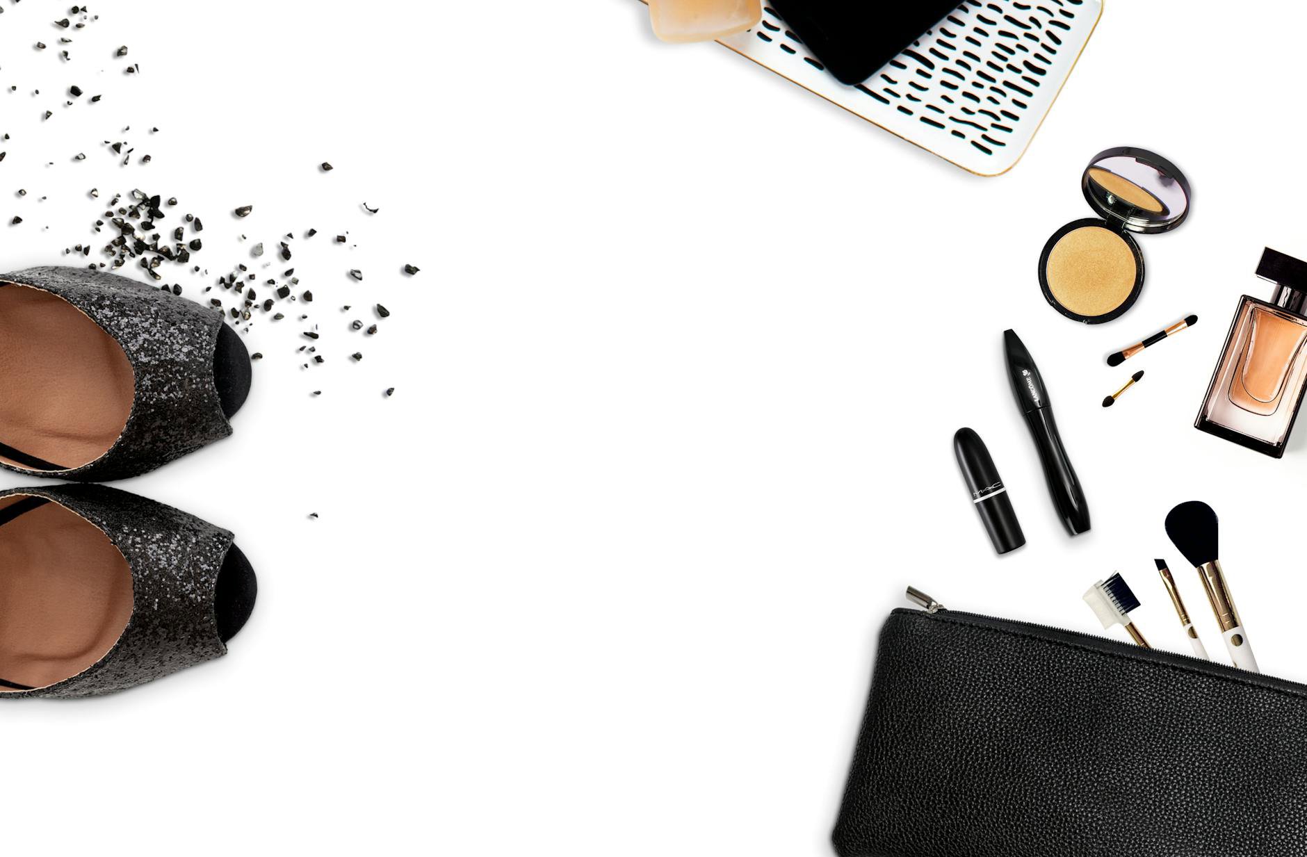 makeup bag mascara flatlay