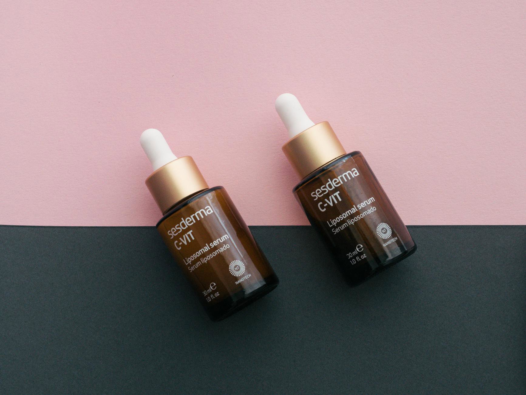 vitamin c serum bottle on vanity flatlay