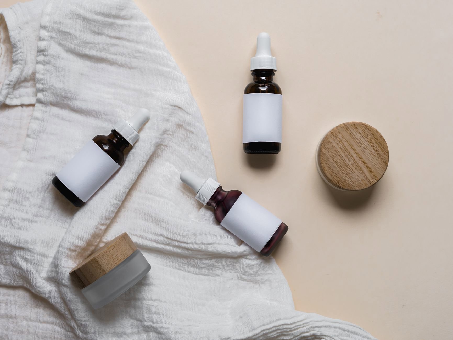 skincare ingredients serum bottles flatlay