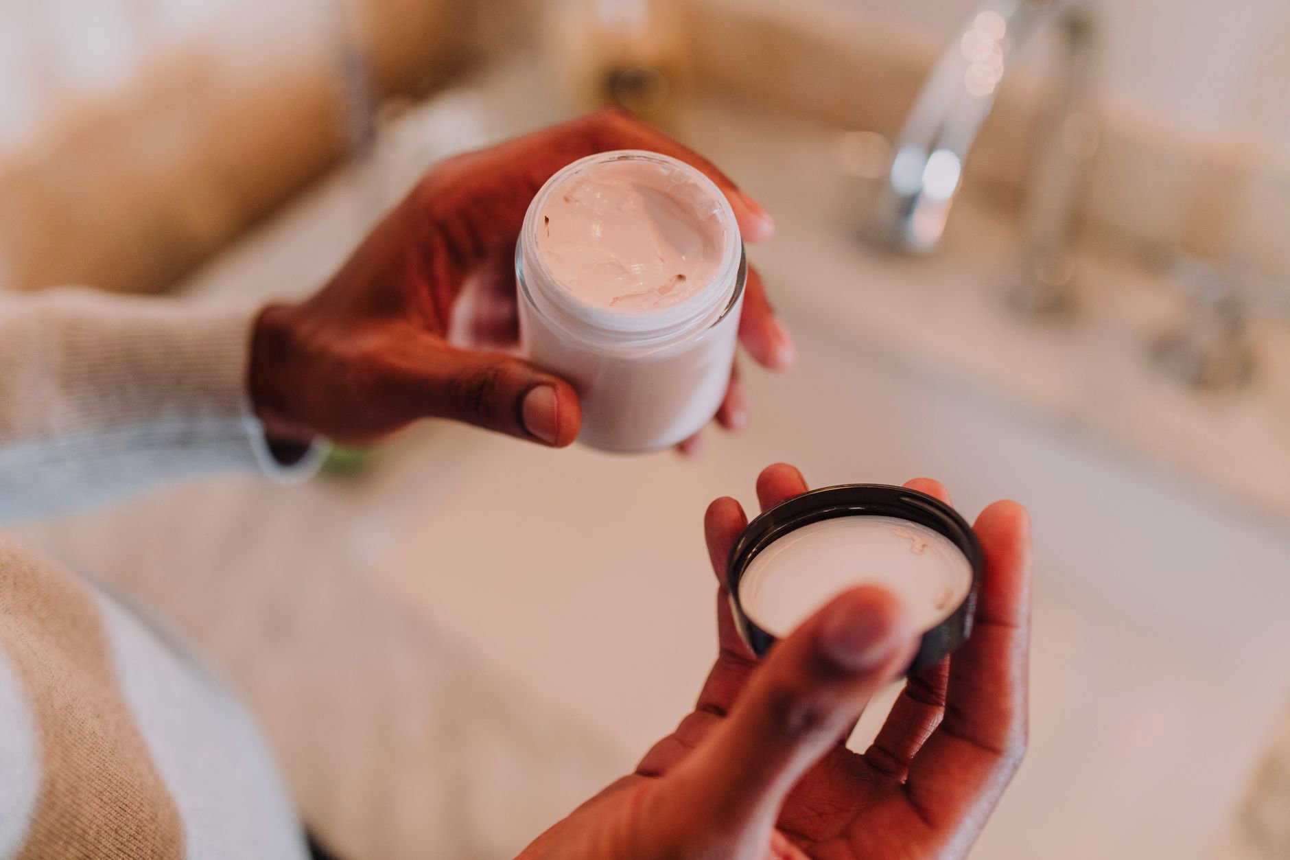 eye cream jar on bathroom counter Canada winter
