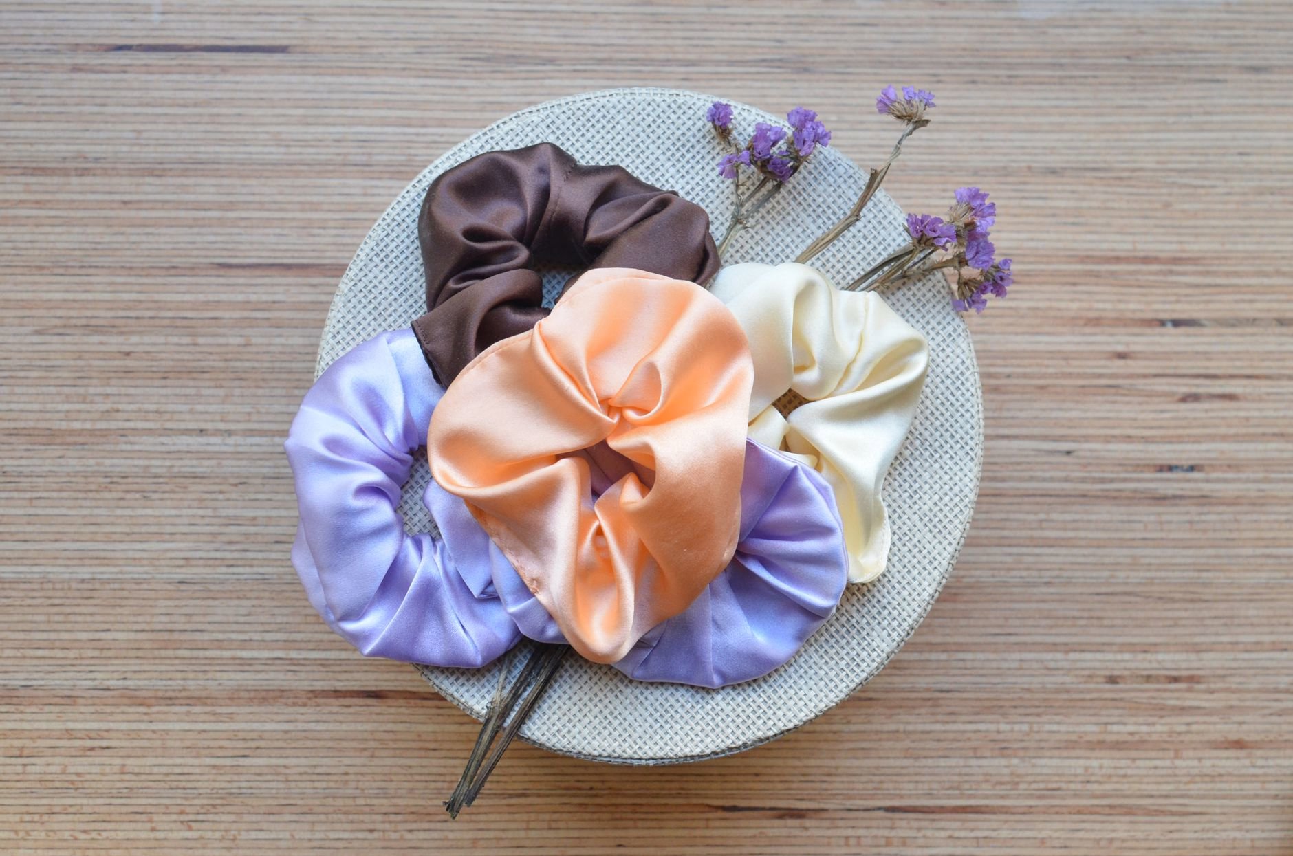 satin scrunchies set flatlay