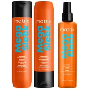 Matrix Mega Sleek Shea Butter Smoothing Shampoo, Conditioner And Iron Smoother Heat Protection Routine