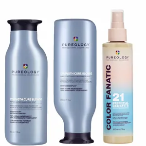 Pureology Strength Cure Blonde Purple Shampoo, Conditioner And Color Fanatic Spray Routine For Toning Brassy Hair